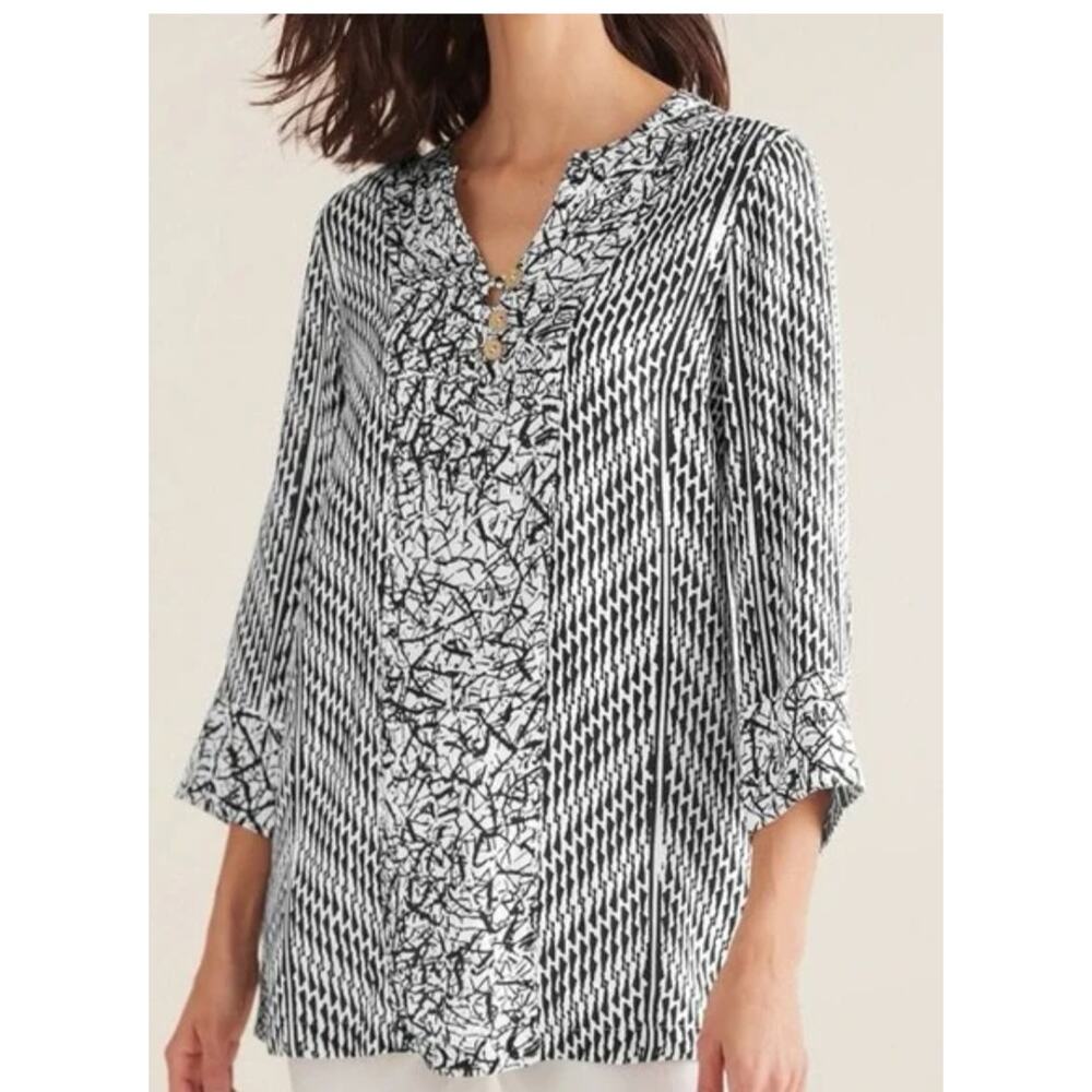 4501) Soft Surroundings Ravelo Abstract Black Ecru Artsy Tunic Blouse XL